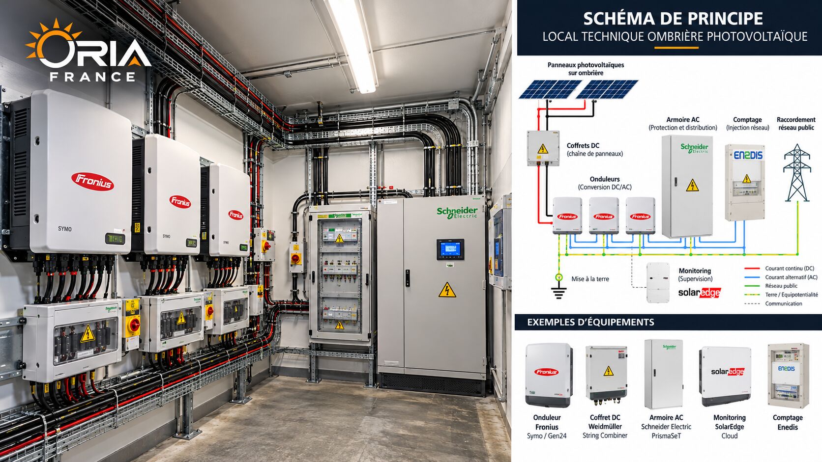 Local technique d'une ombrière photovoltaïque et schéma de principe : panneaux, coffrets DC, onduleurs, armoire AC, comptage Enedis, raccordement au réseau public et supervision